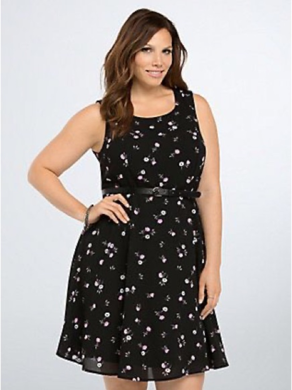 Torrid women’s Black Floral Sleeveless Belted Fit-and-Flare Dress